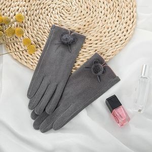 Cinq doigts gants 2022 Grace Bow Pom Screen tactile Femmes Vintage Winter Full Finger Keep Warm Suede Femme Female Glove Mittens G036