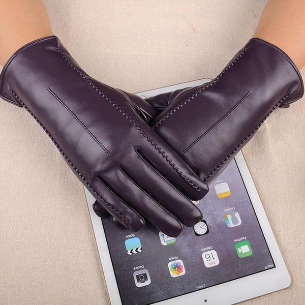 Cinco dedos Guantes 2022 Cuero de alta calidad Moda femenina Invierno Cálido Arco negro Ciclismo Mujeres Conduciendo Pantalla de teléfono táctil Guante Mittens