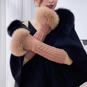 Cinq doigts gants 2022 hiver mode célébrités célèbres femmes manchette véritable longue fourrure vraie laine tricoté sans doigts femme