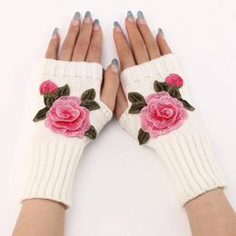 Vijf Vingers Handschoenen 2023 Herfst Winter Dames Korte Mode Geborduurde Bloem Gebreide Wollen Mouwen Warme Wanten Fingerles 231216