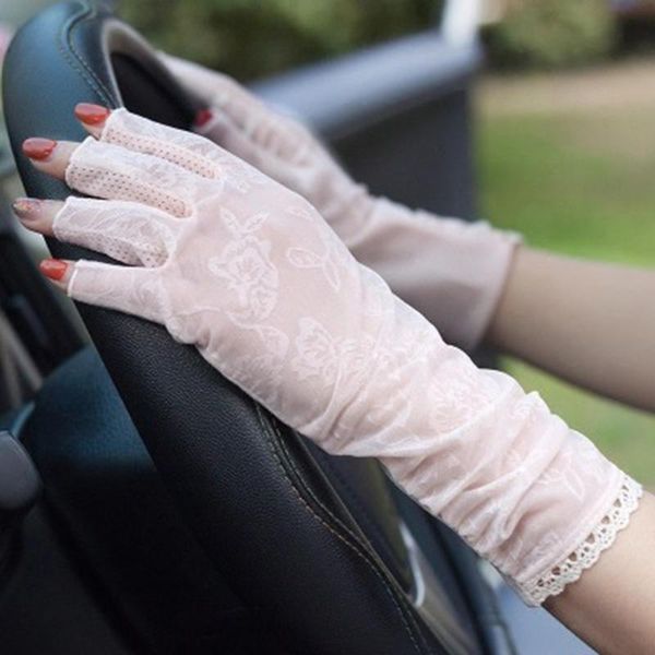 Cinq doigts gants 25 cm Sexy femme été crème solaire soie soleil conduite mitaines femmes fleurs demi doigt écran tactile mince dactylographie J77