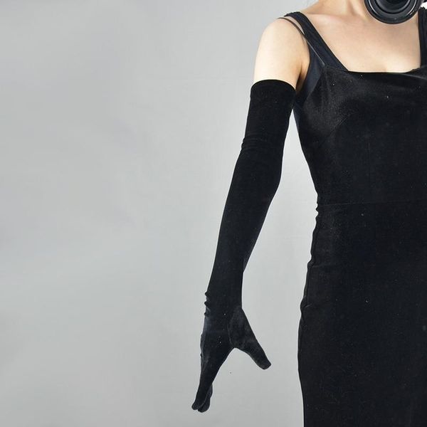 Cinq doigts gants 53cm femmes velours doré long automne hiver chaud noir robe de soirée étiquette style rétro banquet accessoires élasticité 231005
