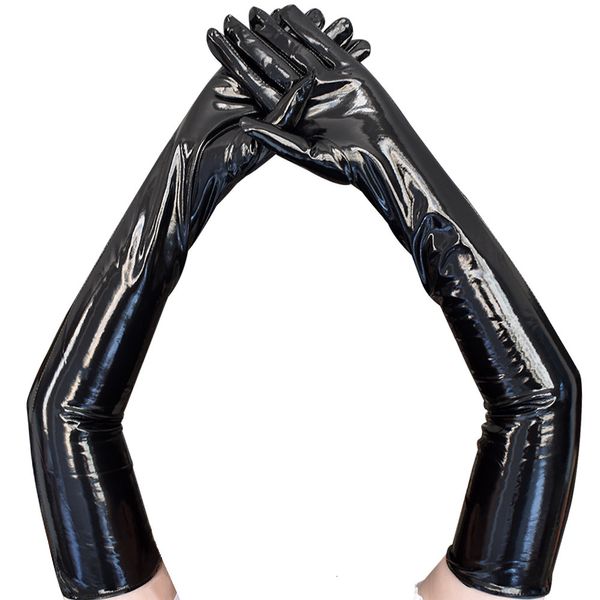 Gants Five Fingers Adulte Sexy Longs Gants En Latex Noir Métallisé Look Mouillé Gants En Faux Cuir Clubwear Danse Catsuit Cosplay Accessoire Mitaines 230821