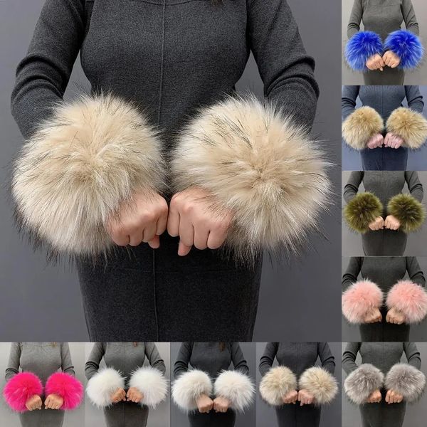 Cinco dedos Guantes Anime Mujeres Puños de piel sintética Pulsera Invierno Calentador Brazo Muñeca Mapache Piel Manga Guantes Invierno Muñeca Manga Fluffy Oversleeve 231012