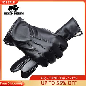 Gants à cinq doigts BISON DENIM Hommes Véritable Gants En Cuir De Mouton Automne Hiver Chaud Écran Tactile Doigt Complet Noir Gants De Haute Qualité S168 230822