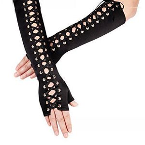 Vijf vingers handschoenen zwart lace-up vingerloze elleboog steampunk voor vrouwen kostuum party arm warmer sexy wanten clubwear cosplay accessoires1