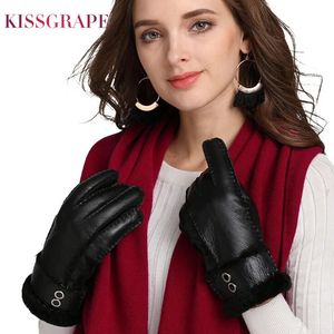 Cinq doigts gants marque femmes gants en cuir véritable femme en plein air hiver Super chaud mitaines dames réel en peau de mouton gants de fourrure solide laine 231115