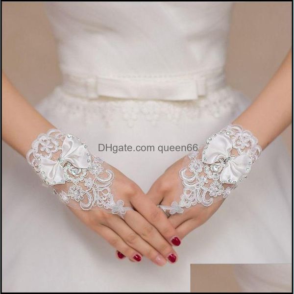 Cinq doigts gants mariée court noeud papillon élastique dentelle blanche diamant femme danse Performance femmes sans doigts étiquette gant goutte De Otzdz