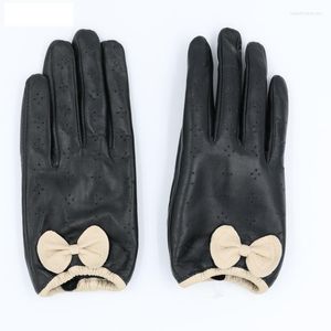 Cinq doigts gants papillon femmes en cuir véritable tactile perforé Section mince en peau de mouton conduite poignet hiver mâle