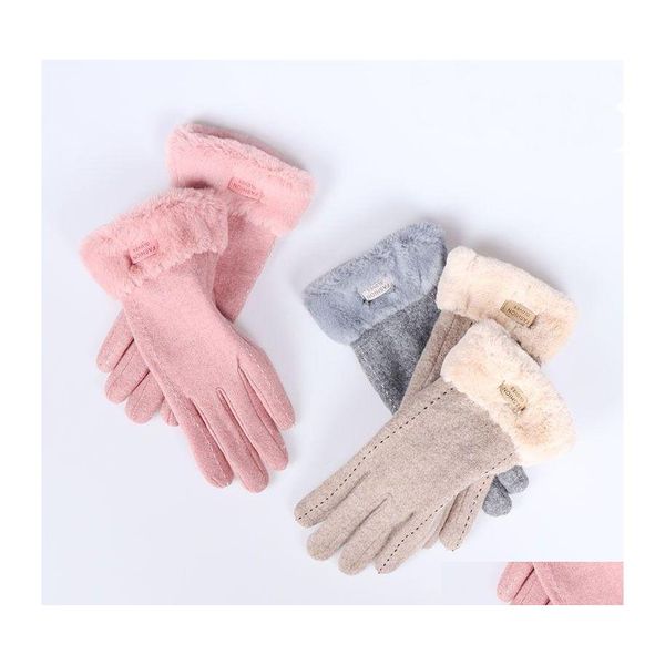 Cinq doigts Gants Cachemire Mode Hiver Femmes Touch Sn Lady Daim Chaud Peluche À L'intérieur Du Doigt Femelle Élégant Doux Noir Mitaines Dr Otw1W