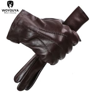 Gants à cinq doigts confortables garder au chaud gants mâle hiver conception ondulation de l'eau gants en peau de mouton gants en cuir pour hommes noirs-8001Y 231007