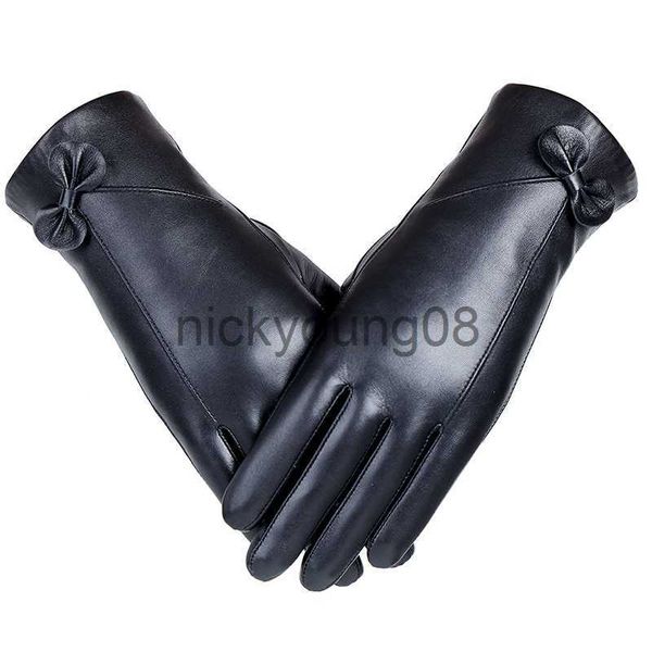Cinq doigts gants gants de créateurs pour femmes mode noir en peau de mouton en cuir polaire à l'intérieur noeud papillon gant dames