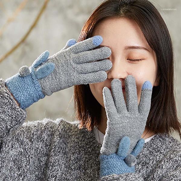 Guantes de cinco dedos tejidos con orejas para mujer, pantalla táctil, gruesos, para invierno, cálidos, dedos completos, suaves, elásticos, mitones de punto1