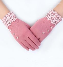 Cinq doigts gants elifashath femelle solft tactile tactile mitaines épais pelues poignets courts velours femmes petites flore dentelle drivin2455600