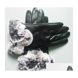 Vijf Vingers Handschoenen Europese en Amerikaanse Designer Merk Winddicht Leer Lady Touch Sn 227 Konijnenbont Mond Winter Warmte Preservati Dhkvl