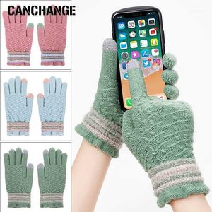 Guantes de cinco dedos Moda Colores del caramelo Punto Pantalla táctil Invierno Mujeres Hombres Conveniente Desgaste de la mano Algodón grueso Unisex Guantes1