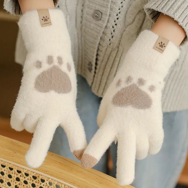 Cinq doigts gants mode chat patte impression téléphone mobile écran tactile tricoté hiver épais chaud adulte doux moelleux hommes femmes 231205
