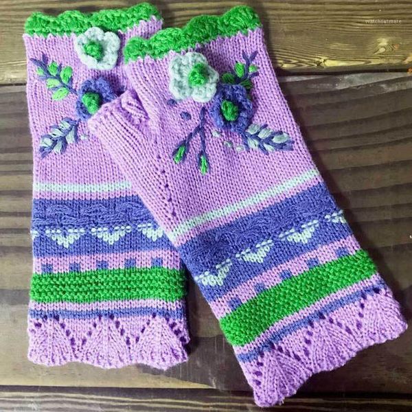 Guantes de cinco dedos, moda elegante para mujer, gancho de mano cálido, Jacquard, medio dedo, invierno, Retro, hecho a mano, linda flor bordada, conducción