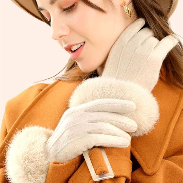 Cinq doigts gants mode fourrure femmes hiver cachemire écran tactile mignon fourrure chaude mitaines femme doigt complet laine mittens228q