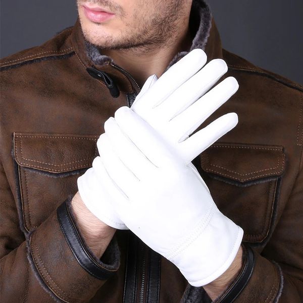 Cinq doigts gants mode cuir véritable blanc pour femmes homme boutons de poignet solides femme agneau conduite gant 231114