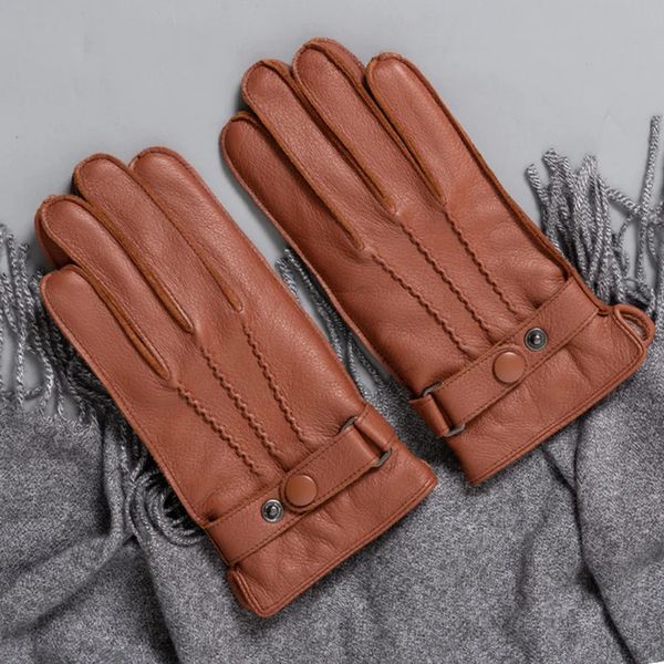 Cinq doigts gants mode hommes gants en cuir bouton poignet solide en cuir véritable mâle gants de conduite hiver gants chauds homme mitaines 231030