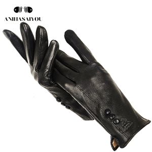 Five Fingers Gants Gants en cuir pour femmes simples et chauds, mitaines d'hiver en cuir véritable pour femmes, gants en peau de daim noir - 2280 230615