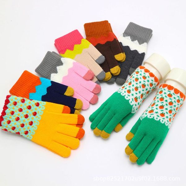 Cinq doigts gants écran tactile de mode pour les femmes froides hiver chauffe-main mignon vert rose floral fille doigt tricoté et mitaines