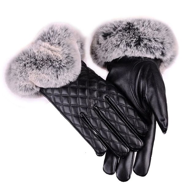 Cinco dedos guantes moda mujer cálido cuero grueso guantes de invierno elegantes mujeres señoras marca mitones tamaño libre con guantes femeninos de piel de conejo 231017