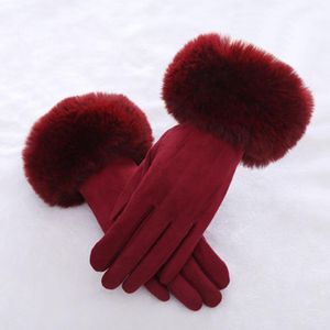 Vijf vingers handschoenen mode vrouwen winter warm suede lederen touchscreen handschoen handschoen vrouwelijke faux rabit bont borduurwerk plus fluweel dikke rijding h9