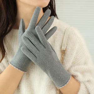 Cinq doigts gants mode femmes hiver en peluche Simple couleur unie laine artificielle doublure chaud extérieur écran tactile mitaines