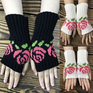 Cinq doigts gants mode femmes automne tricoté à la main broderie brodée fleurs roses mi long demi doigt chaud laine hiver gantsf