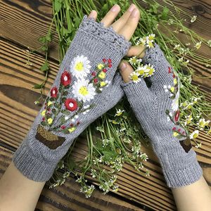 Cinq doigts gants mode femmes automne tricoté à la main broderie brodée soleil fleurs mi long demi doigt chaud laine hiver 231114