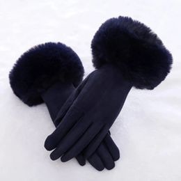 Handschoenen met vijf vingers Vrouwelijke imitatie konijnenbont Suède Touchscreen Rijhandschoen Winter Warm Pluche Dik borduurwerk Lange vinger Fietswant H92 231123