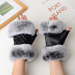 Fünf Finger Handschuhe Fingerlose Handschuhe Frauen Natürliche Kaninchen Pelz Handschuh Winter Mode Warme Echtes Leder Fingerlose Handschuhe Frauen Kaninchen Pelz Fäustlinge 231006