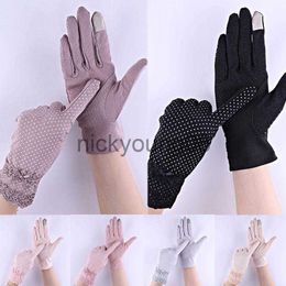 Handschoenen met vijf vingers Handschoenen met vijf vingers 1 paar Anti-UV Dun kant Strik Golfpunt Zonnebrandcrème Rijden Touchscreen Zwart Wanten Dames x0902 x0903