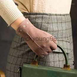 Cinq doigts gants cinq doigts gants hiver femme plein écran tactile femmes élégantes marguerite point floral laine daim coton mode extérieur coupe-vent x0902