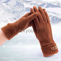 Gants à cinq doigts Gants à cinq doigts d'hiver en cuir suédé peluche interne épaissir écran tactile conduite femme ceinture d'équitation en plein air broderie chaude R28 x0902