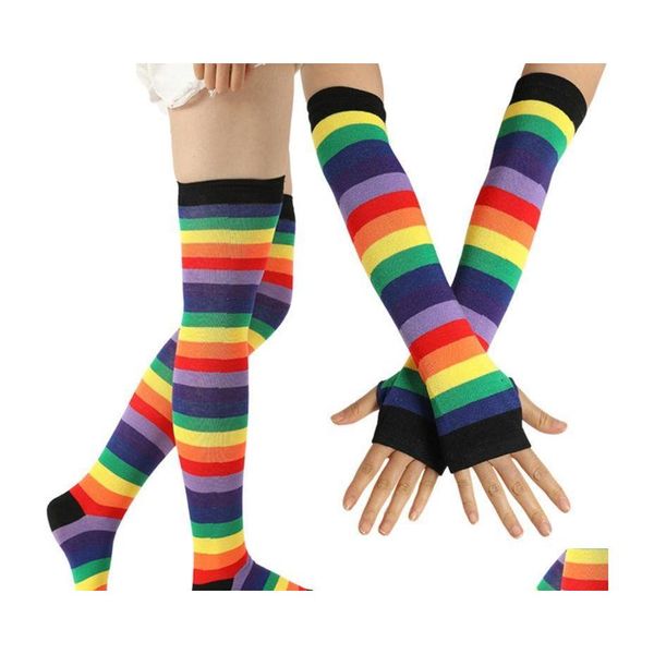 Cinco dedos guantes cinco dedos guantes para mujer rayas arco iris sobre la rodilla muslo calcetines altos calentador de brazo conjunto sin dedos vestido de lujo cosp dhifw