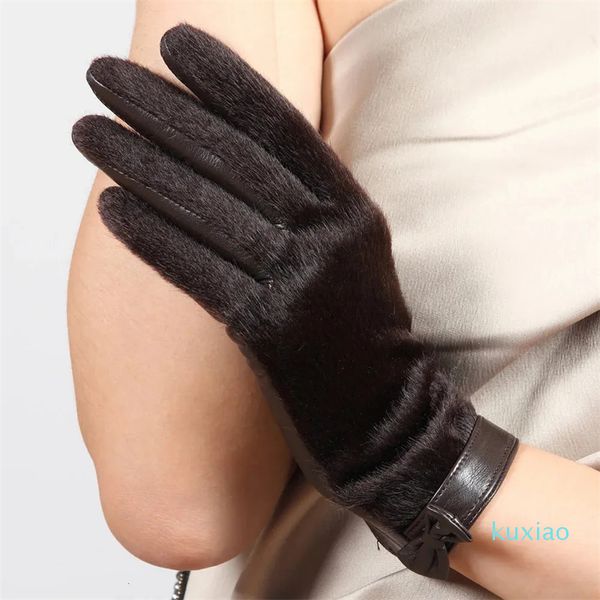 Cinq doigts gants en cuir véritable gants femme hiver chaud en peluche doublé mode fourrure nœud papillon femmes gants en cuir d'agneau