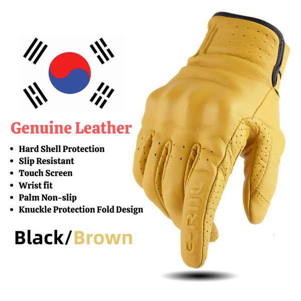 Gants à cinq doigts en cuir véritable rétro gants de moto hommes écran tactile gants de motocross doigt complet moto vintage motard moto gants jaune 230818