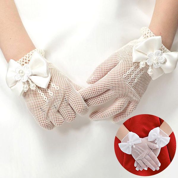 Cinq doigts gants filles maille arc dentelle perle décoration fête fournitures enfants anniversaire cérémonie couronnement accessoires cadeau mitaines