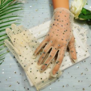 Cinq doigts gants Guantes Elegantes Crystal S Tulle mariée femmes mariage mariée fête robe de bal Champagne blanc 230225