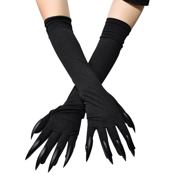 Guantes de cinco dedos Fantasma de Halloween Pata Gato Demonio Bruja Uñas largas Rendimiento Mujeres Cosplay Satén elástico negro Mangas completas R43 230615