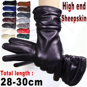 Gants à cinq doigts Gants en peau de mouton en cuir haut de gamme pour femmes, doublure en flanelle tricotée chaude, gants en cuir couleur pour écran tactile, conduite véritable 231115