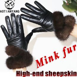 Gants à cinq doigts Gants de vison en peau de mouton haut de gamme en cuir rex gants de fourrure de lapin femmes hiver conduite équitation gants à écran tactile véritable 231116