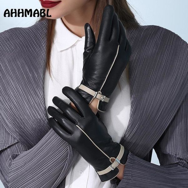 Guantes de cinco dedos Guantes de cuero elegantes de alta calidad para mujer Guantes táctiles de pantalla genuina Otoño Primavera Invierno Térmico Guante femenino de moda G570 230210