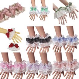 Fünf-Finger-Handschuhe, japanische Lolita-Handmanschetten, Handgelenkmanschetten, süße Rüschenspitze, mehrfarbige Schleife, Dienstmädchen-Cosplay-Armband für Hochzeitsfeier 230712