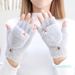 Cinq doigts gants tricotés femme hiver couverture rabattable cyclisme en plein air Double couche chaud étudiant mignon écran tactile demi doigt
