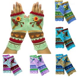 Cinq doigts gants tricotés à la main longue chaude chaude brodée chauffe-bras Kawaii hiver sans doigts écran tactile fille extérieure1307a