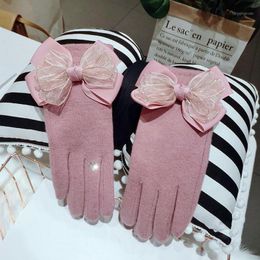 Cinco dedos guantes coreanos encantadores nudos de arco de doble capa otoño invernal de jemis de mujer gruesa mitten táctil chicas dama agl2771
